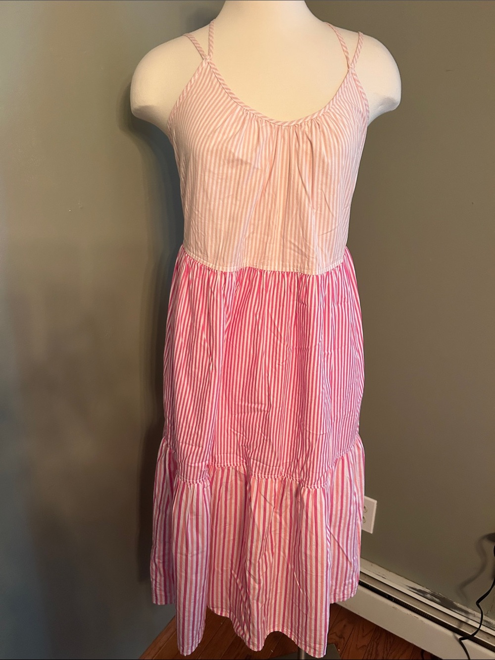 Pink Striped Spaghetti-Strap Tiered Maxi Dress